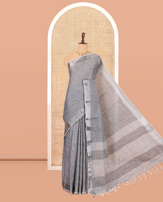 Grey Plain Linen-Cotton Saree, a Zari Border, Striped Pallu, and a Matching Blouse