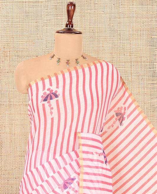 Borderless White-Pink Linen Cotton Saree, Beautified with Vertical Stripes, an Umbrella Print, and a Matching Blouse