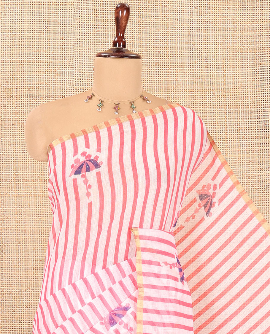 Borderless White-Pink Linen Cotton Saree, Beautified with Vertical Stripes, an Umbrella Print, and a Matching Blouse