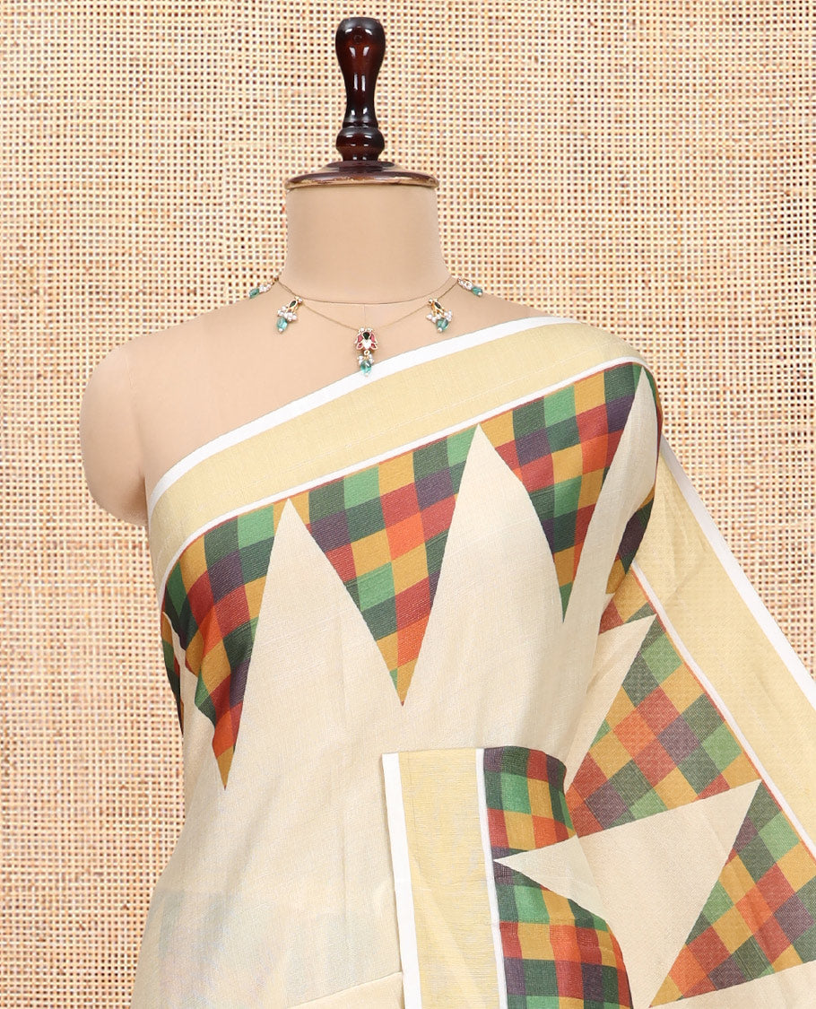 Gold Plain Tissue Saree, Complemented by a Contrast Temple Checked Border, and a Contrast Blouse