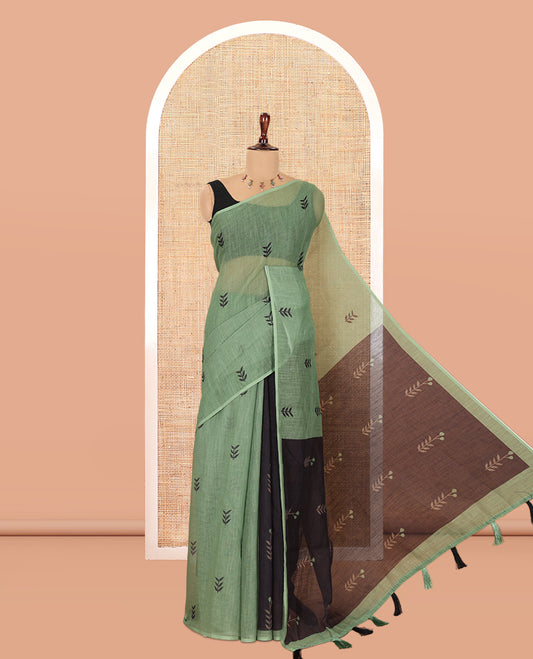 Borderless Olive Green Linen Cotton Saree with Leaf Print, a Contrast Leaf-Printed Pallu, and Contrast Blouse