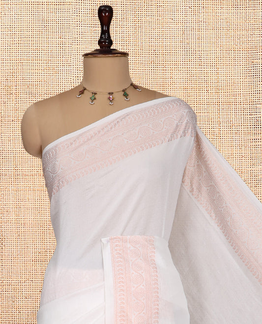 White Plain Vichitra Silk Saree, Highlighted by a Traditional Zari Border, a Self-Pallu, and No Blouse