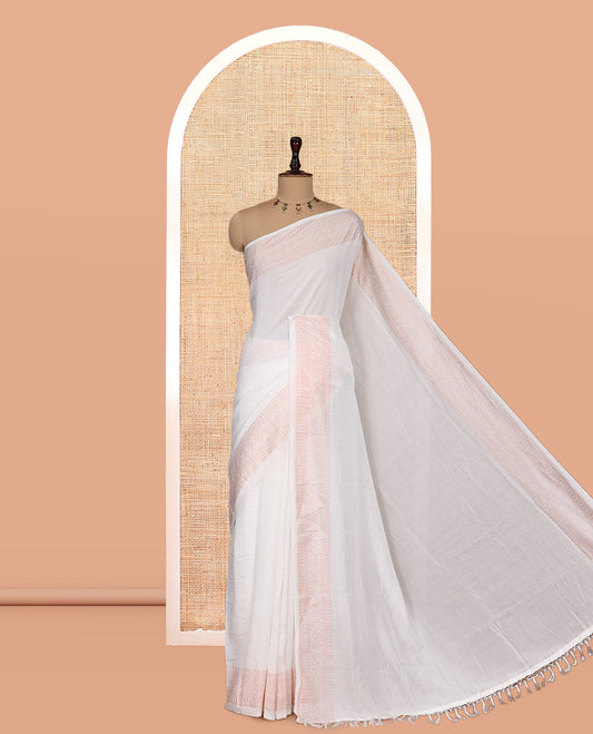 White Plain Vichitra Silk Saree, Highlighted by a Traditional Zari Border, a Self-Pallu, and No Blouse