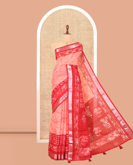 Pink Jute Linen Cotton Saree, Finely Crafted with Batik Print, Contrast Batik-Printed Zari Border, Batik-Printed Pallu, a Contrast Blouse