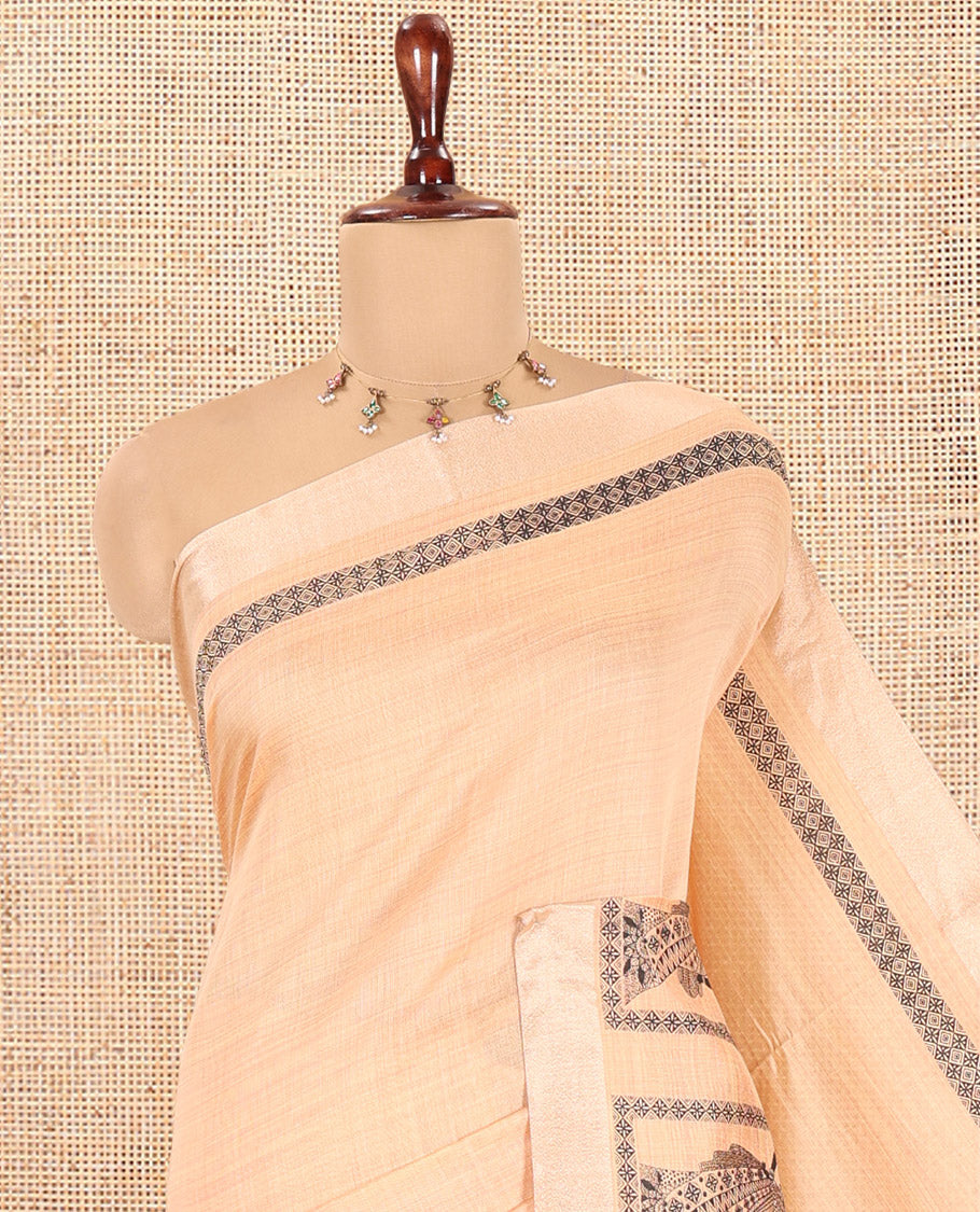 Cream Semi-Katan Silk Saree, Adorned with Human Figurine, Copper Zari Border, Contrast Warli Pallu, and a Contrast Blouse