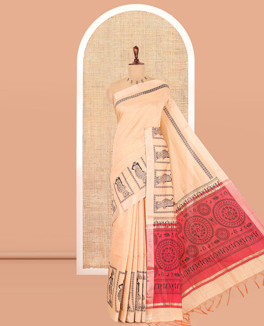 Cream Semi-Katan Silk Saree, Adorned with Human Figurine, Copper Zari Border, Contrast Warli Pallu, and a Contrast Blouse