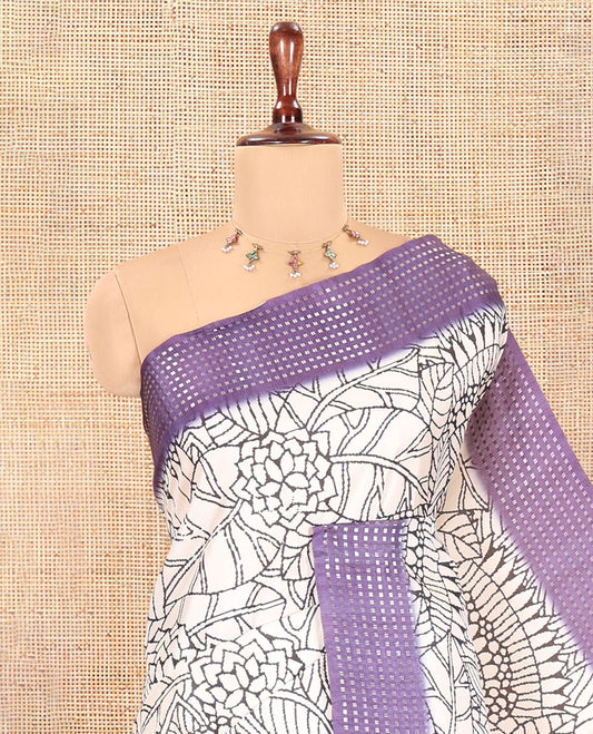 Cream-Violet Dola Silk Saree, Adorned with Floral Print, a Contrast Checked Border, Pallu of Buttas, and a Contrast Blouse