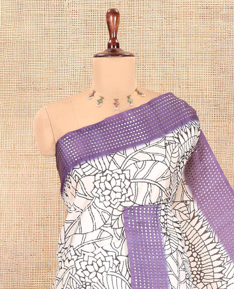 Cream-Violet Dola Silk Saree, Adorned with Floral Print, a Contrast Checked Border, Pallu of Buttas, and a Contrast Blouse