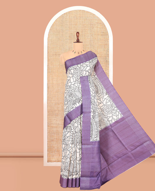 Cream-Violet Dola Silk Saree, Adorned with Floral Print, a Contrast Checked Border, Pallu of Buttas, and a Contrast Blouse