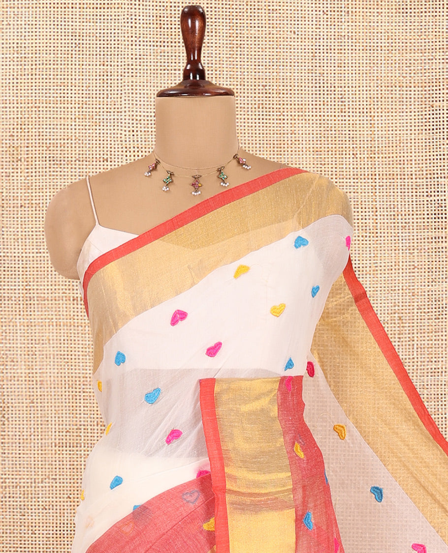 Cream-Peach Half-And-Half Heart Motifs Embroidered Khadi Cotton Saree, Contrast Bavanji Border, No Blouse