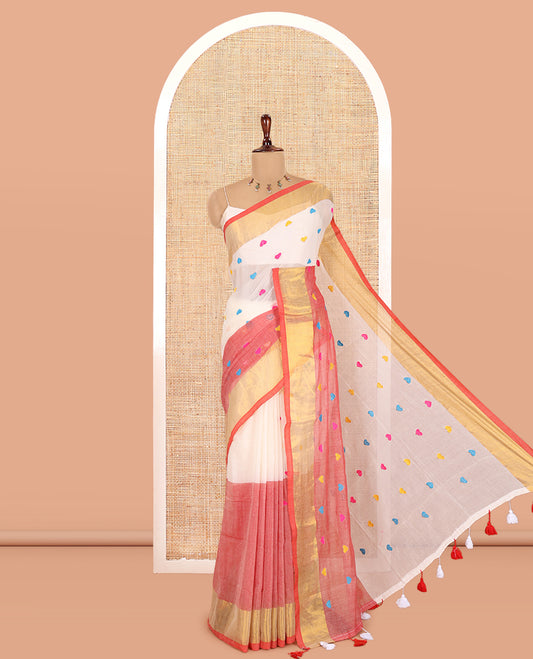 Cream-Peach Half-And-Half Heart Motifs Embroidered Khadi Cotton Saree, Contrast Bavanji Border, No Blouse