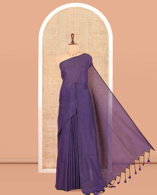 Borderless Dark Violet Plain Khadi Cotton Saree