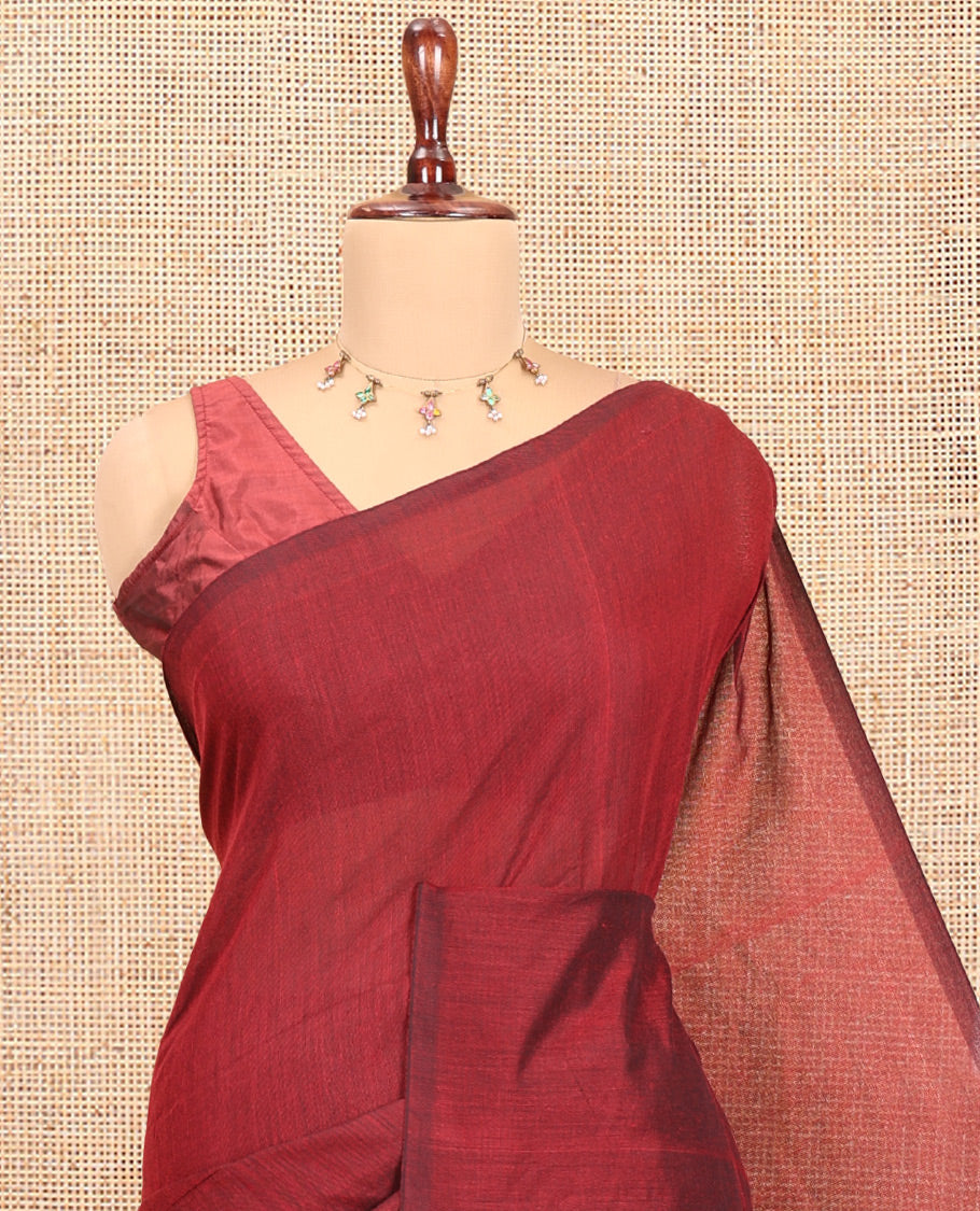 Borderless Maroon Plain Khadi Cotton Saree