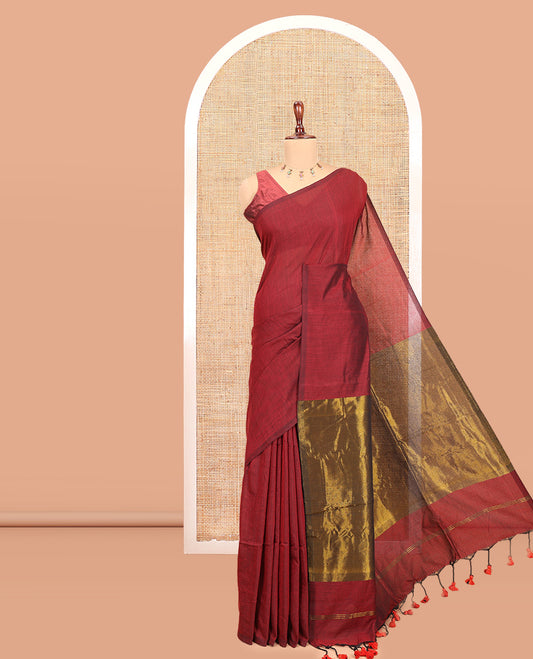 Borderless Maroon Plain Khadi Cotton Saree