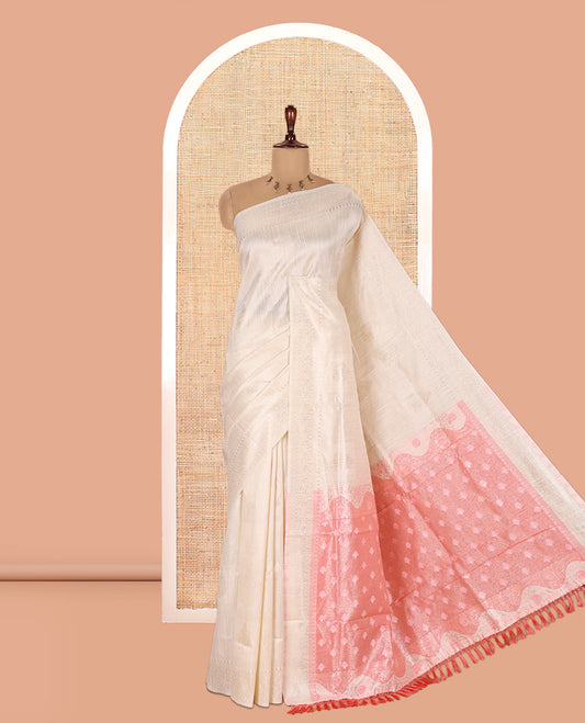 Cream-Tomato Pink Jute Linen Saree