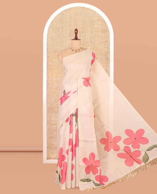 Borderless Cream-Pink Tissue Cotton Saree