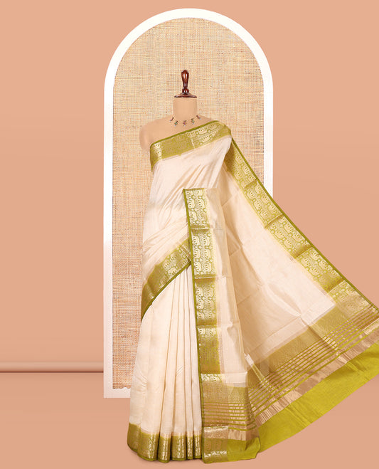 Cream-Mehendi Plain Art Tussar Saree
