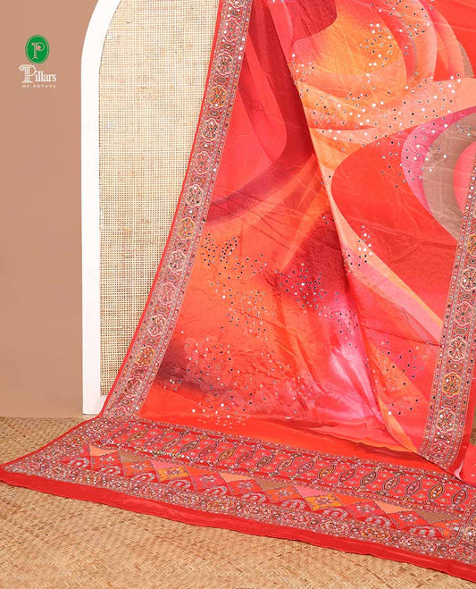 Orange geometric design, mirror work synon silk saree with printed border, mirror work & printed blouse along with plain blouse