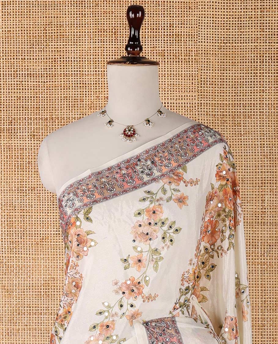 Cream printed, mirror work synon silk saree with printed border, mirror work & printed pallu along with printed blouse