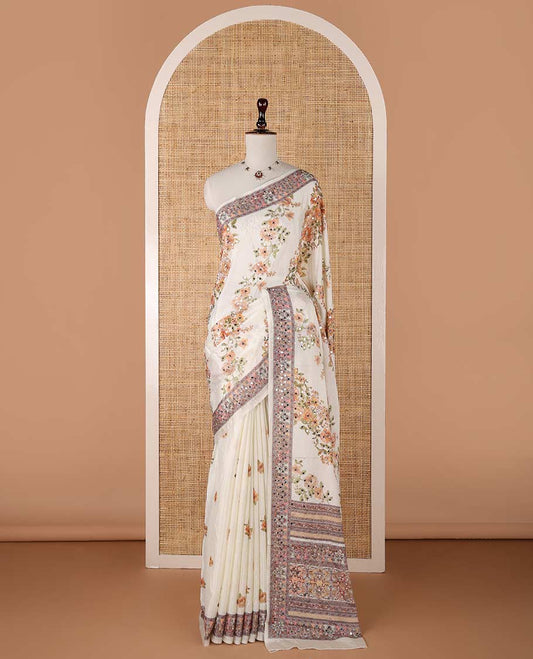 Cream printed, mirror work synon silk saree with printed border, mirror work & printed pallu along with printed blouse