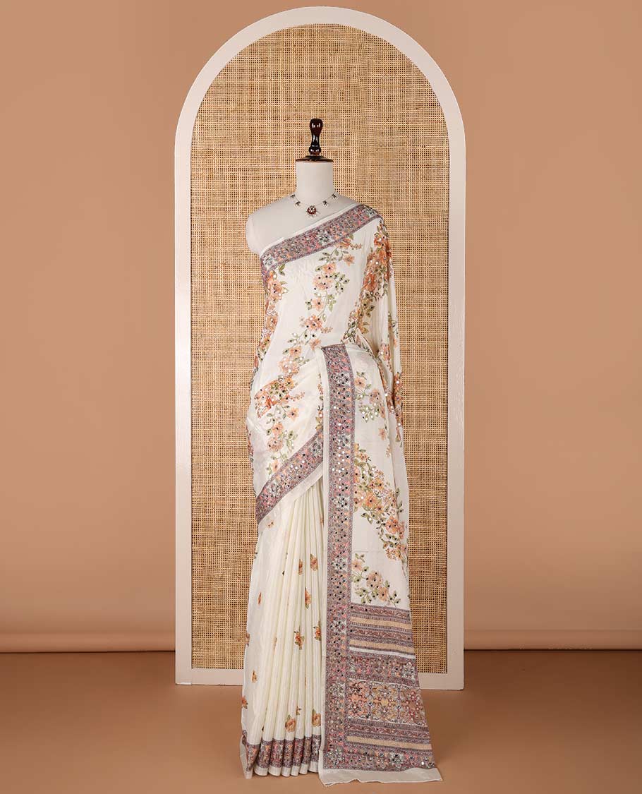 Cream printed, mirror work synon silk saree with printed border, mirror work & printed pallu along with printed blouse