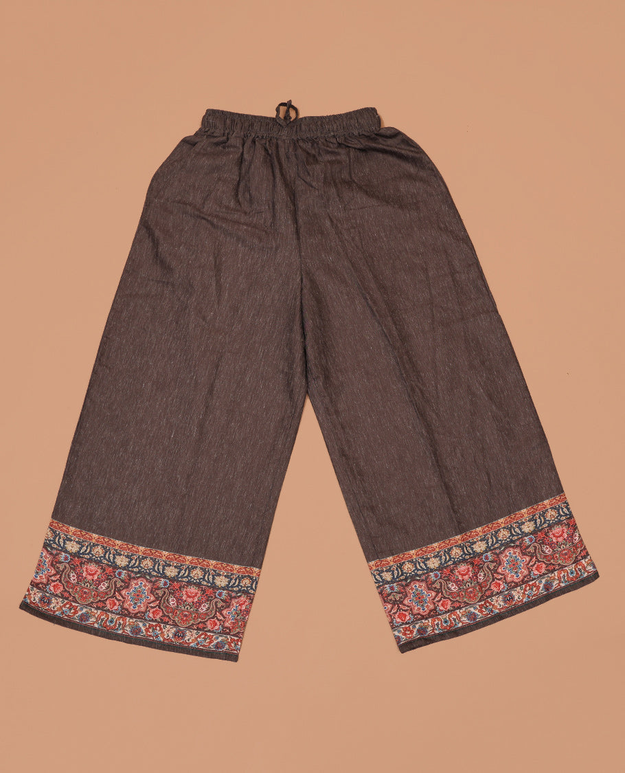 Coffee brown intricately floral printed slub cotton palazzo pants