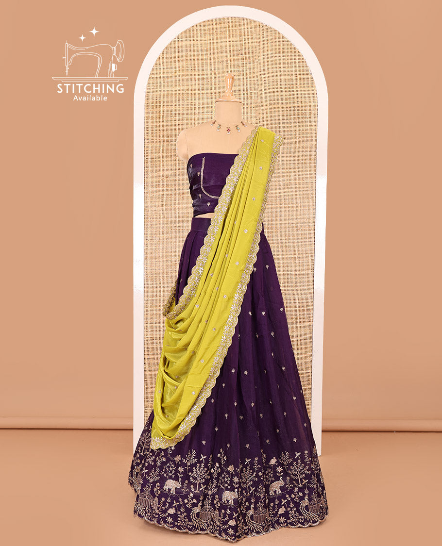 Violet half-saree, buttas and flora-fauna embroidered bordered velvet organza skirt, a matching velvet organza blouse, and a contrast embroidered scallop syska georgette dhavanif