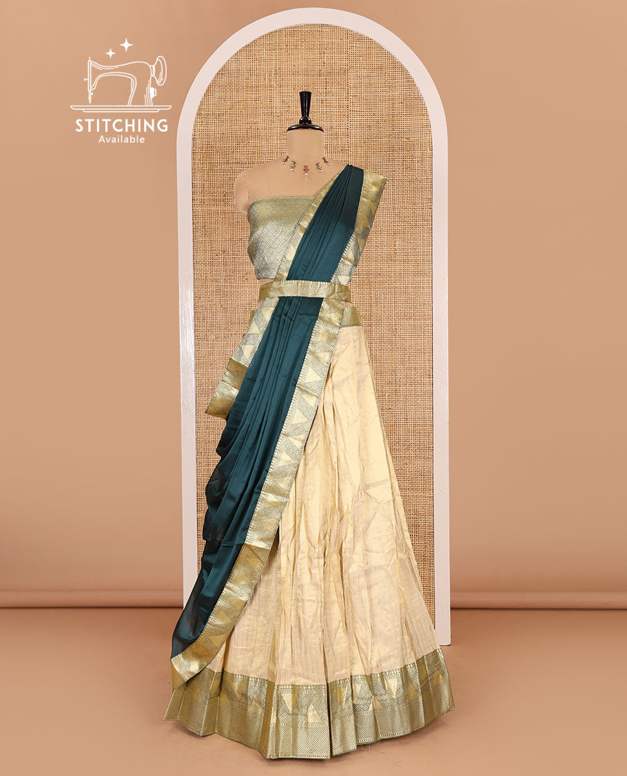 Chikku and rama color half-saree, zari checked with contrast traditional zari bordered banarasi skirt, jacquard blouse, and a contrast zari bordered syska georgette dhavani