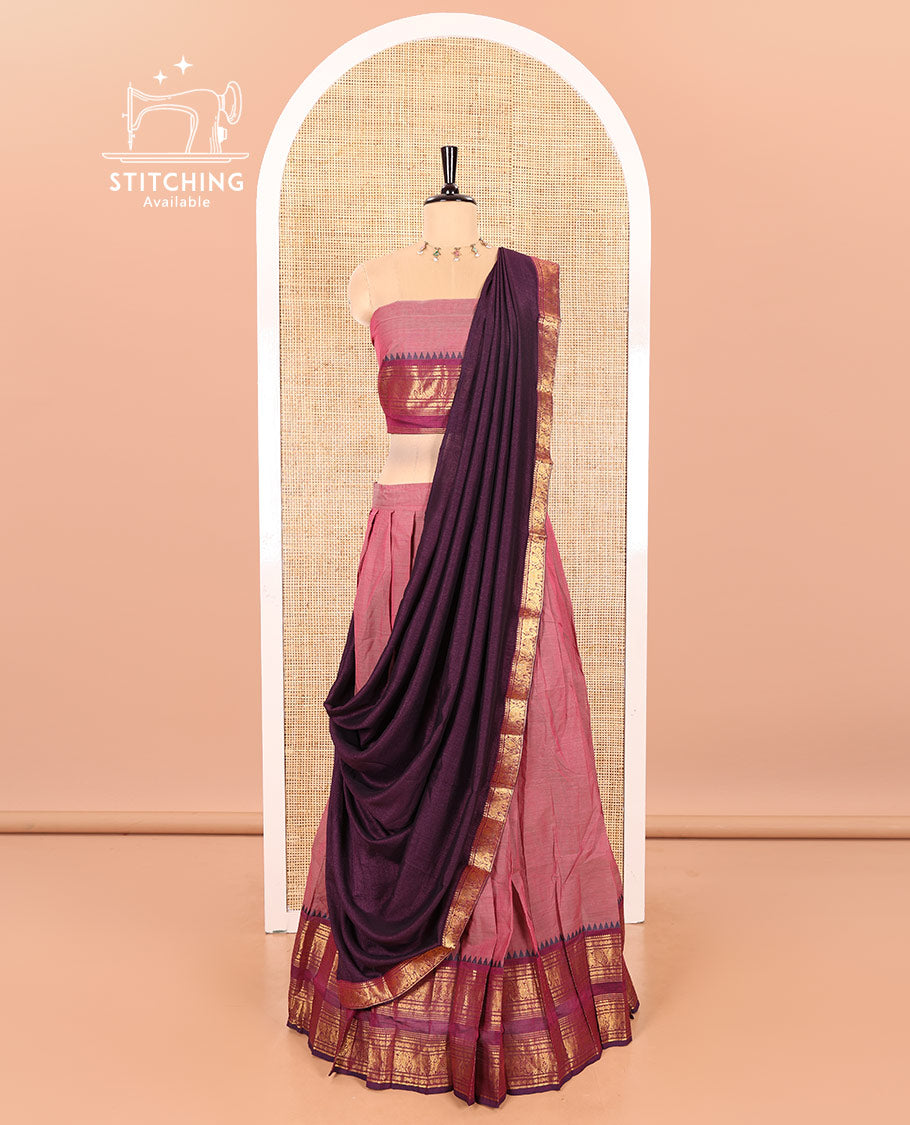 Onion Pink-Magenta Chettinad Cotton Half-Saree Featuring a Plain Skirt, Highlighted with a Contrast Peacock-Elephant Motifs Woven Rettai Pettu Zari Border, a Subtly Woven Matching Blouse, and a Vichitra Silk Contrast Traditional Zari-Bordered Dhavani
