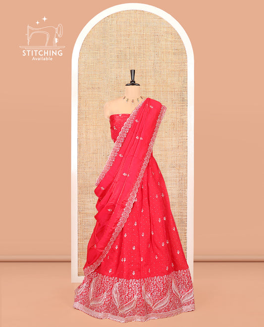 Red Fendi Organza Half-Saree, with Embroidered Buttas on Its Skirt, Embroidered Border with a Matching Blouse, and an Embroidered Organza Scallop Dhavani