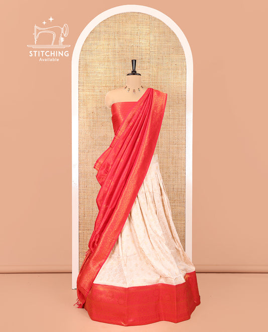 Cream-Red Banarasi Softy Half-Saree, Adorned with Jacquard, Contrast Traditional Border, Jacquard Blouse, Intricate Dhavani
