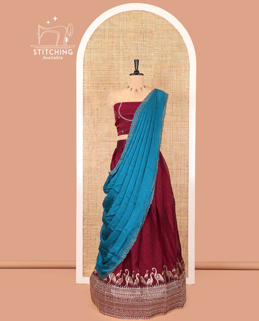 Wine Half-Saree Set, Majestically Detailed with Stone Work and Bird Motifs Embroidery on Its Satin Georgette Skirt, Highlighted by Embroidered Border, Paired with a Matching Blouse, and Comes with a Contrast Scallop Stone Work Dupatta