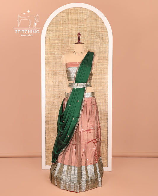 Onion Pink-Green Banarasi Silk Half-Saree Features Buttas Skirt, Contrast Traditional Border, Matching Blouse, Contrast Embroidered Dhavani