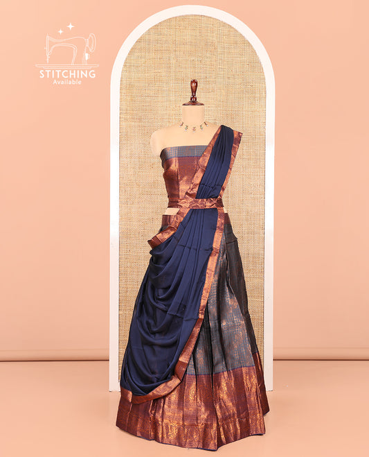 Grey-Blue Semi-Banarasi Half-Saree Features Jacquard Skirt, Contrast Traditional Border, Matching Blouse, and Syska Georgette Dhavani