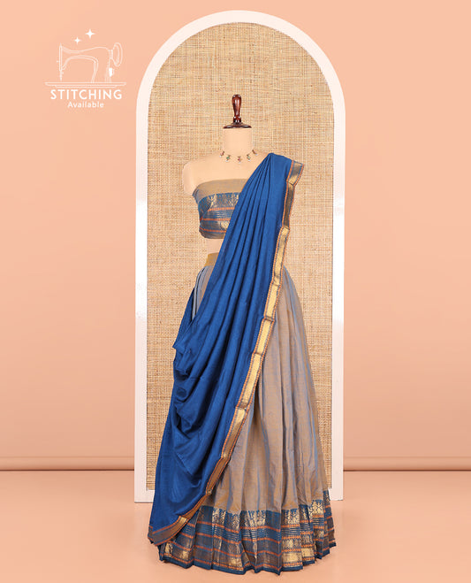Fawn-Rama Blue Chettinad Cotton Half-Saree, Contrast Traditional Zari Bordered Skirt, Matching Blouse, and a Contrast Dhavani