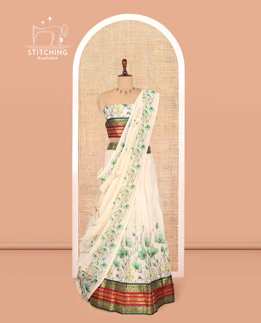 Cream-Green Semi-Silk Half-Saree Features Floral-Printed Skirt, a Contrast Traditional Border, a Matching Blouse, a Floral Dhavani