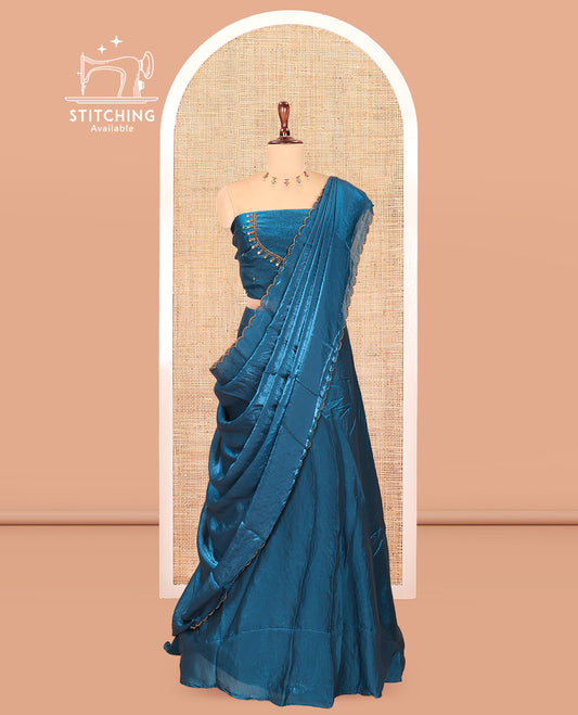 Peacock Blue Fendi Organza  Half-Saree, Plain Skirt, Matching Embroidered Blouse, Matching Scallop Dhavani
