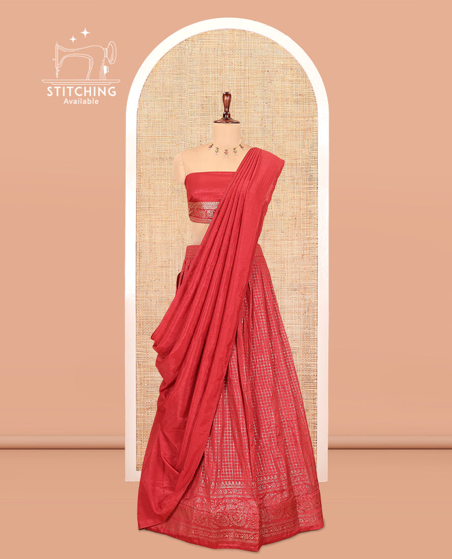 Red Vichitra Silk Half Saree with Zari Checks, a Traditional Zari Border, Matching Blouse and a Dhavani