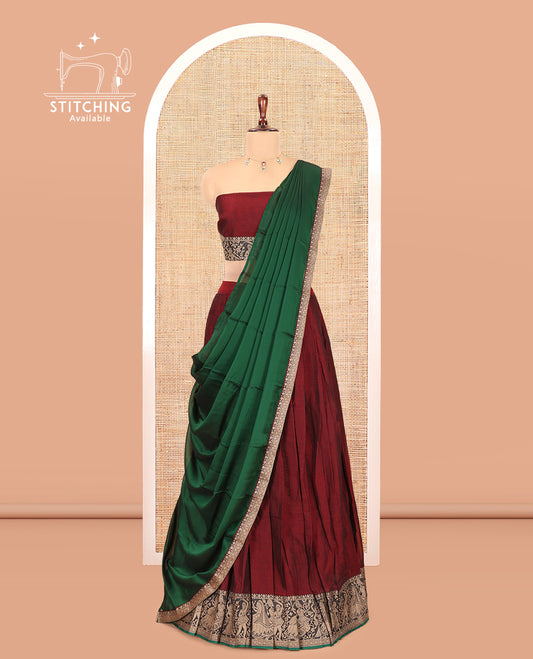 Maroon Mercerised Cotton Half-Saree Features a Plain Skirt, a Bridegroom Motif Border, a Matching Blouse, a Contrast Dhavani