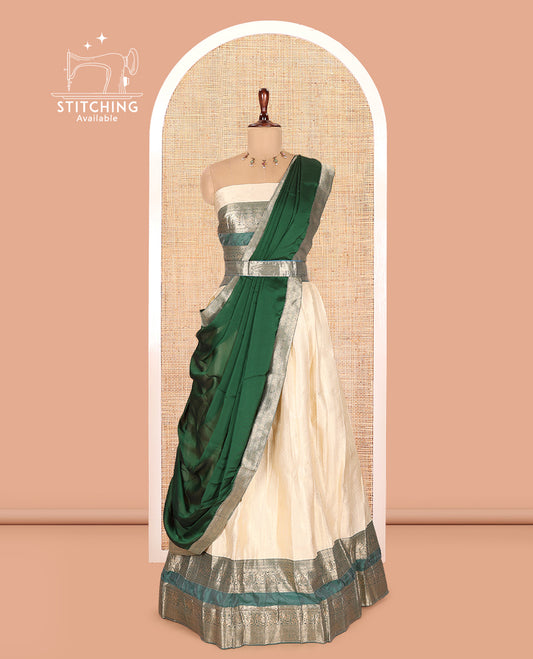 Cream-Green Semi-Silk Half-Saree