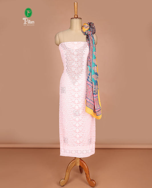 Light peach chudidhar material shifili with sequins, stone work , flower design top with crape material pants & chinnon material digital print print , mirror work dupatta
