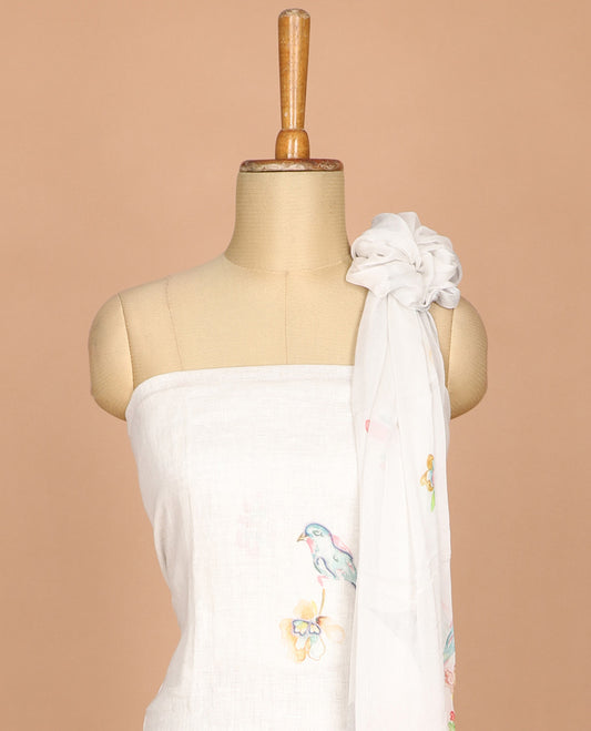 Cream sparrow print pure linen chudidhar material top with cotton pants & pure chiffon dupatta