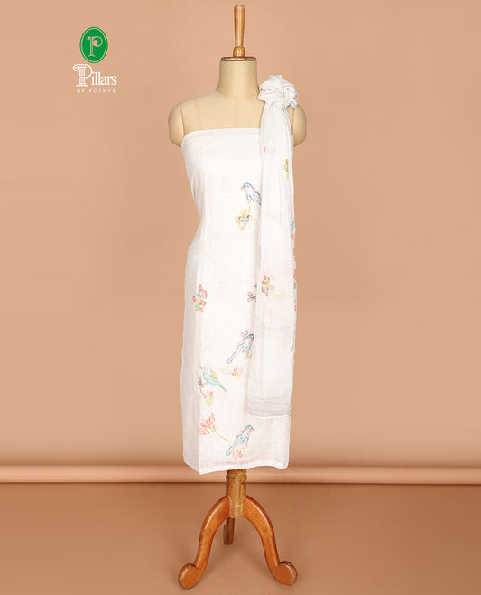 Cream sparrow print pure linen chudidhar material top with cotton pants & pure chiffon dupatta