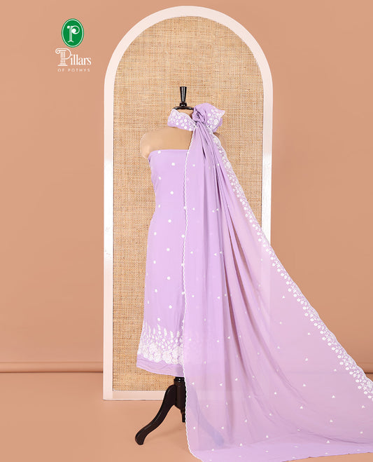 Lavender Fox Georgette Material Chudidar Set, Meticulously Crafted with Floral Embroidery on Its Top, a Plain Santoon Bottom, and Paired with a Floral Embroidered Scallop Dupatta