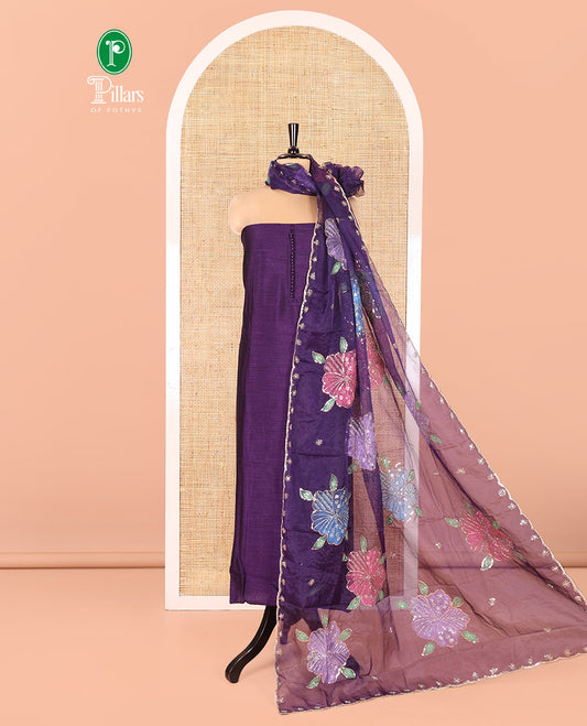 Dark Purple Vichitra Silk Material Chudidar Set, Enthralled with Pom-Pom Necklined Top, a Plain Santoon Bottom, and Paired Scallop Multi-Color Floral Embroidered Organza Dupatta