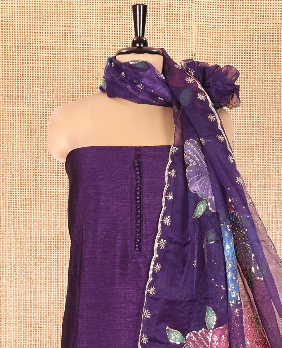 Dark Purple Vichitra Silk Material Chudidar Set, Enthralled with Pom-Pom Necklined Top, a Plain Santoon Bottom, and Paired Scallop Multi-Color Floral Embroidered Organza Dupatta