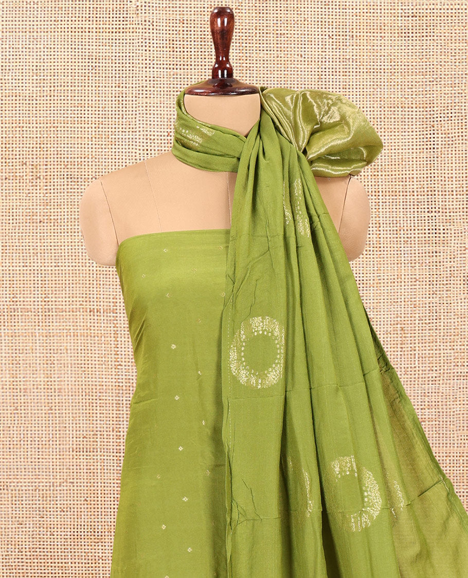 Parrot Green Mul Chanderi Material Chudidar Set, Subtly Sparkled with Buttas Top, a Matching Bottom, and a Circle Motif Woven Dupatta