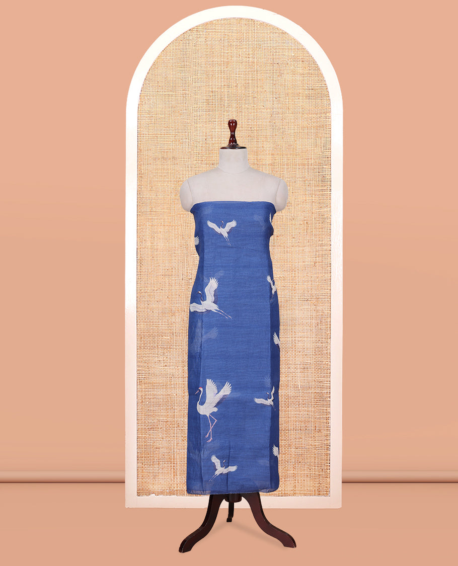 Blue Semi-Linen Material Churidar, Adorned with Heron Motifs Top, a Plain Santoon Bottom, a Contrast Heron Dupatta
