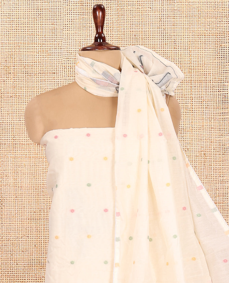 Cream Mul Chanderi Material Churidar Features Polka Dot and Warli Weave Top, a Plain Santoon Bottom, and a Warli-Themed Dupatta