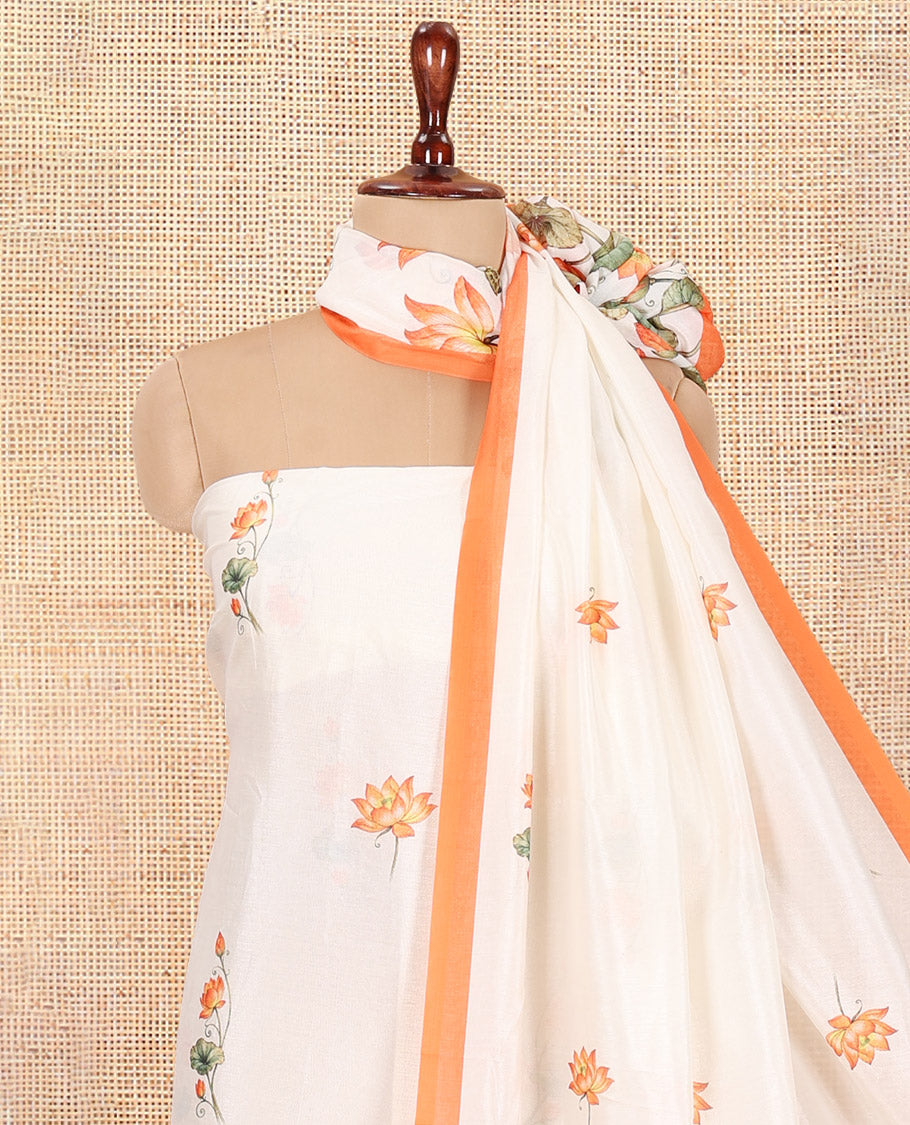 Cream-Orange Semi-Silk Material Chudidar, Lotus Printed Top, Matching Bottom, Lotus Printed Dupatta